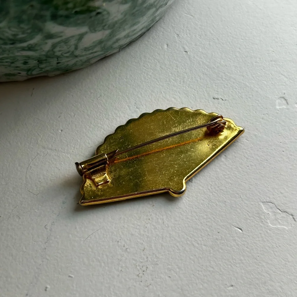Vintage MCM Damascene Spanish Bird Floral Fan Enamel Brooch - Picture 4 of 4